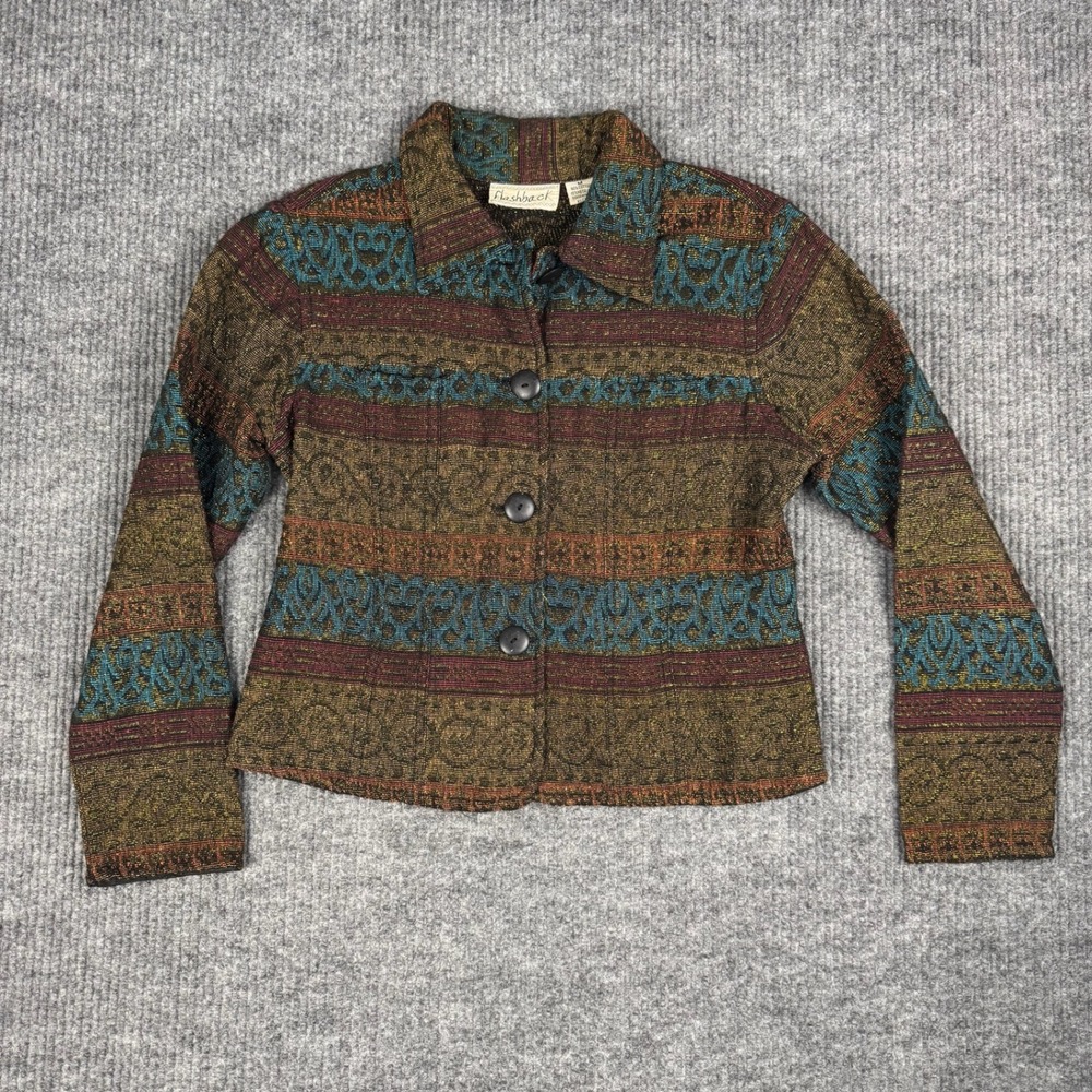 Vtg 90s Flashback Jacket Womens M Metallic Tapestry Woven Boho Southwestern